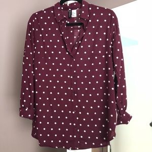 NWOT Purple/burgundy polka dot button up blouse